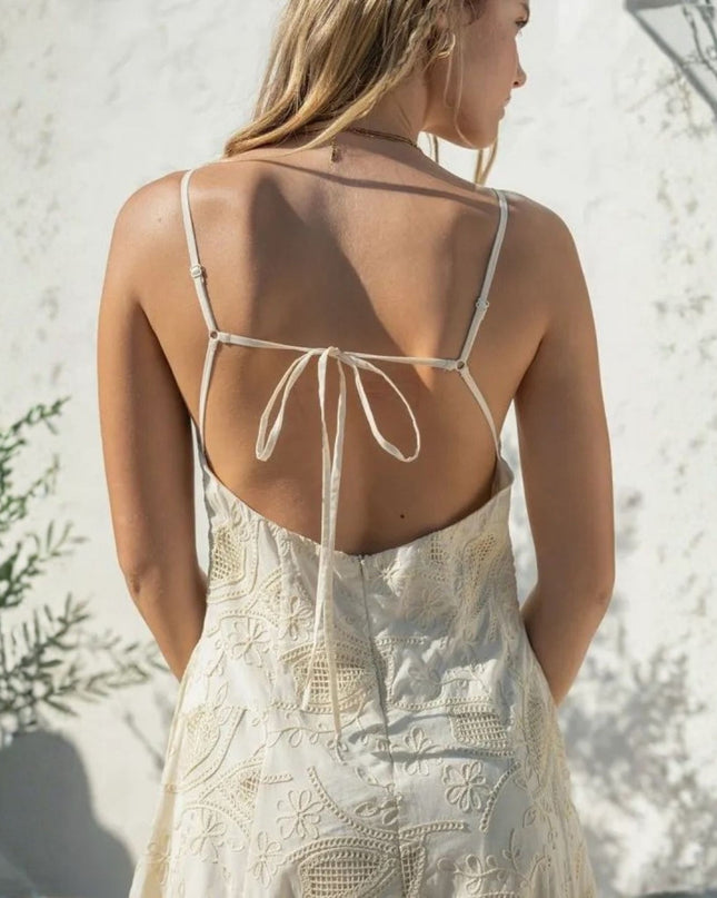 Embroidery Thin Strap Tie Back Maxi Dress