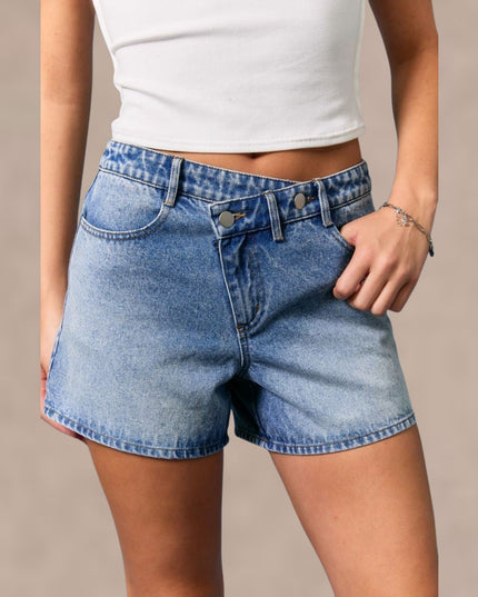 Cross Over Detail Low Waist Denim Shorts