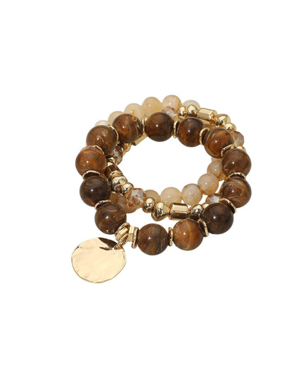 Hammered Metal Disc Charm Beaded Stretch Layered 3 Bracelet Set
