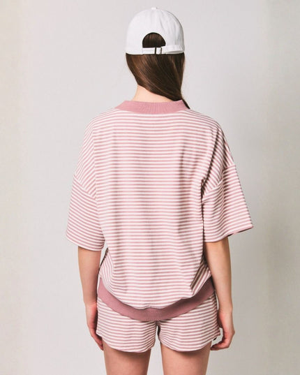 Mock Neck Striped Short Sleeve Top