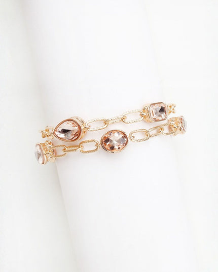 Shaped Bezel Crystals Double Gold Chain Link Toggle Bracelet
