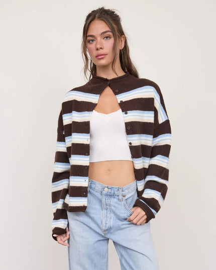 Multi Color Strip Rolled Neck Cardigan Sweater