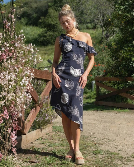 Seashell Printed Ruffle One Shoulder Asymmetrical Midi Dress