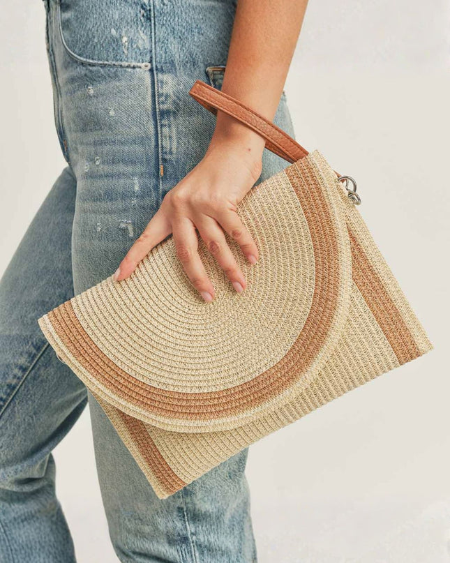 Striped Straw Envelope Crossbody Clutch Bag