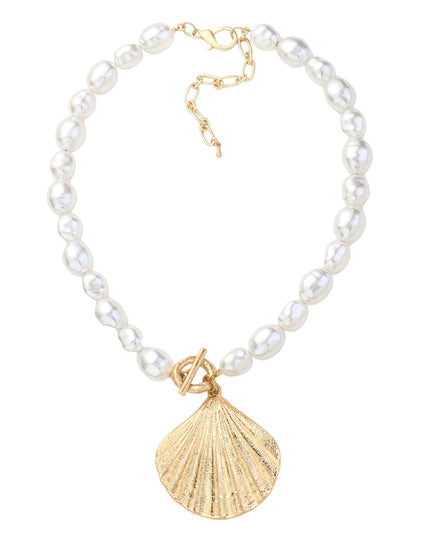 Large Metal Shell Pendant Pearl Toggle Necklace
