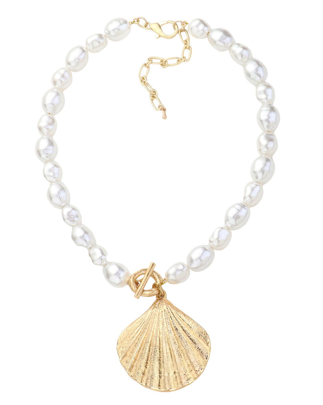 Large Metal Shell Pendant Pearl Toggle Necklace