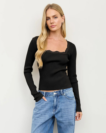 Square Neck Lace Trim Ribbed Sweater