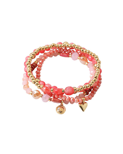 Natural Stone Gold Metal Ball Bead Heart Disc Charm 3 Bracelet Set