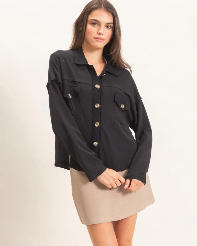 Patch Pockets Textured Button Up Collared Top