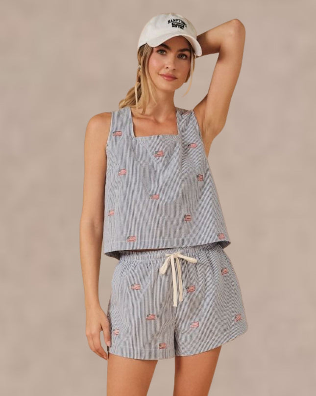 Stripe Flag Embroidered Seersucker Square Neck Sleeveless Top
