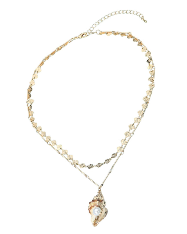 Pearl Accent Shell Pendant Layered Chain Necklace
