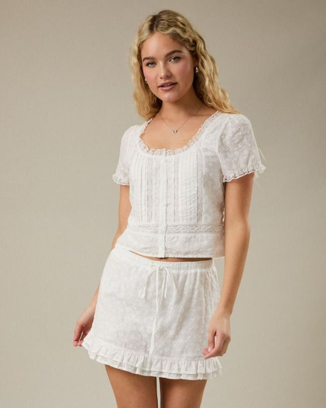Cap Sleeve Scoop Neck Lace Trim Top
