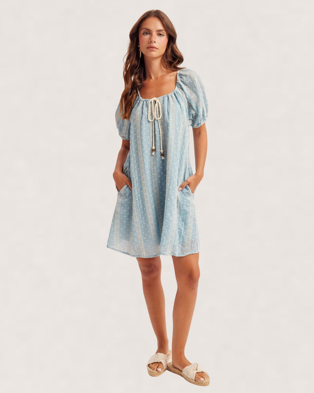 Square Neck Balloon Sleeve Embroidered Denim Babydoll Mini Dress