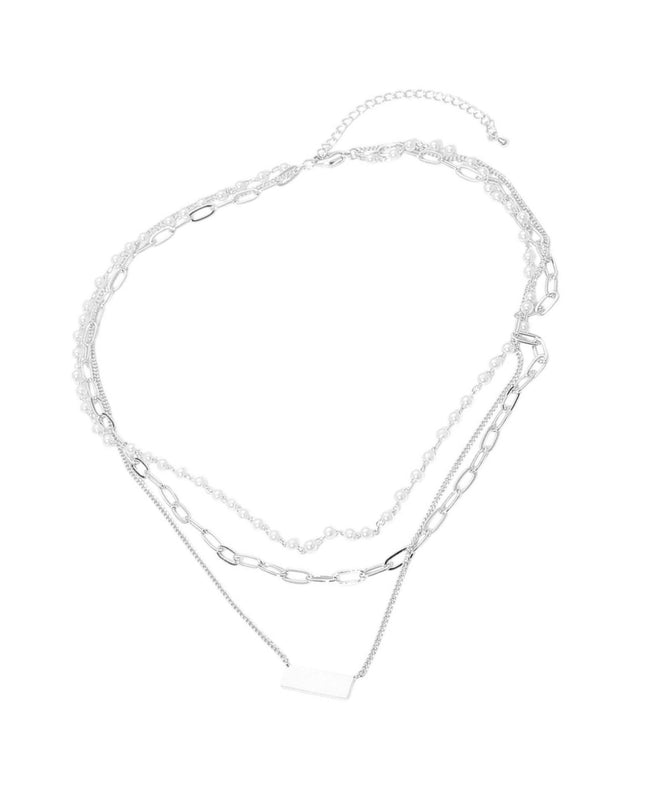 Metal Bar Pendant Pearl Paperclip Chain Layered Necklace
