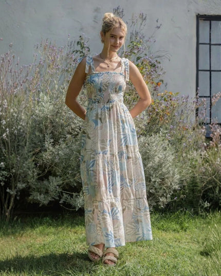 Leaf Print Tie Shoulder Cinch Maxi Dress