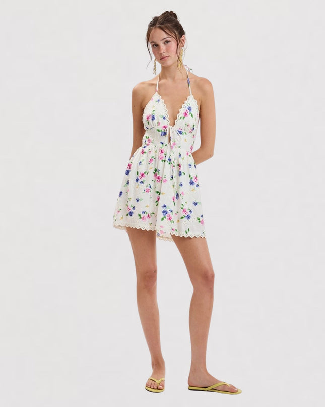 Floral Print Eyelet Halter Tie Scallop Trim Mini Dress