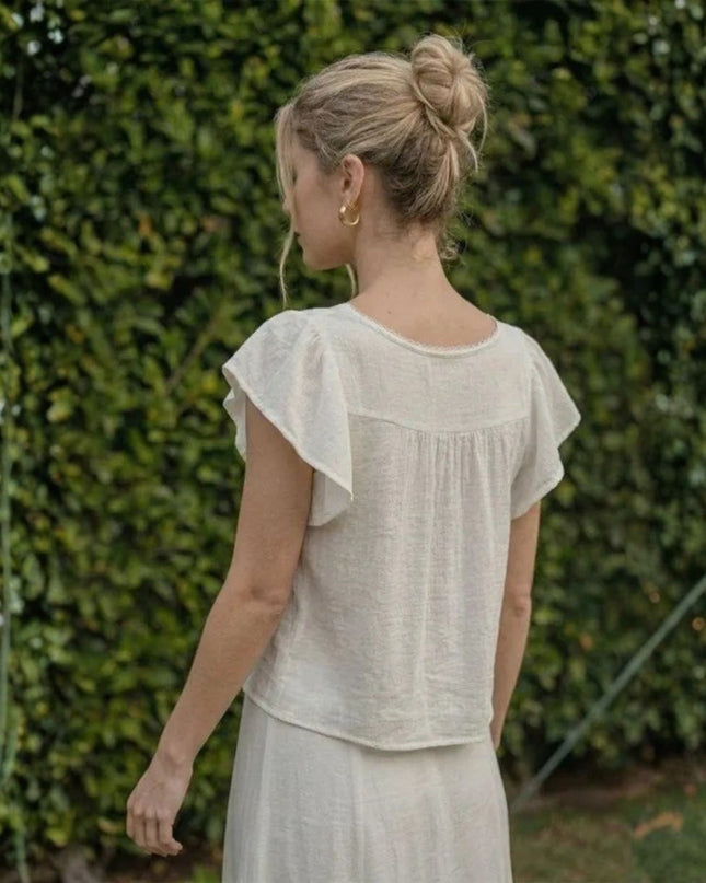 Ruffle Short Sleeve Round Neckline Lace Detail Button Down Top