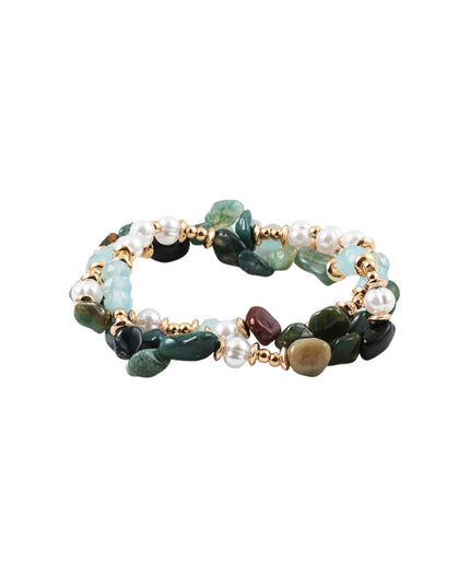 Asymmetrical Natural Stone Pearl Gold Metal Beaded 2 Bracelet Set