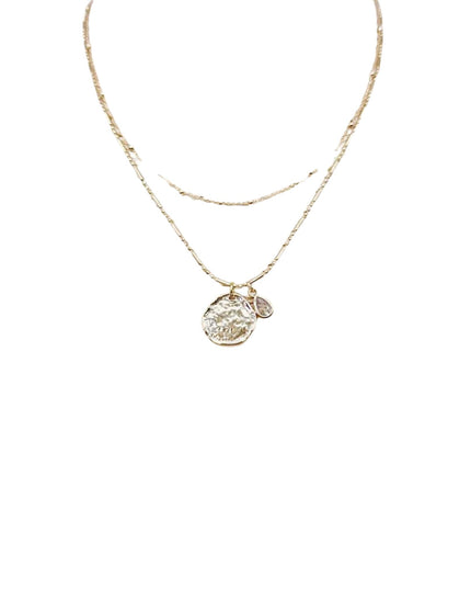 Hammered Disc Teardrop Charm Spaced Ball Bead Double Layered Necklace