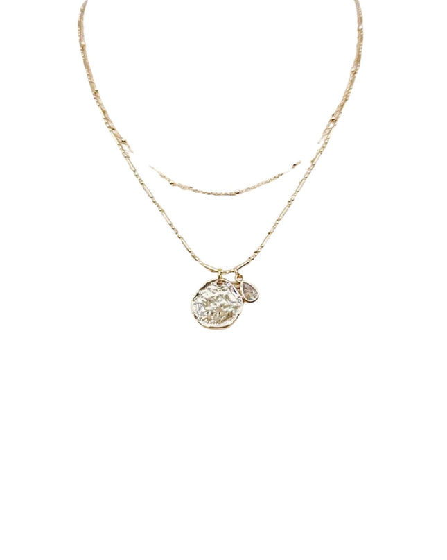 Hammered Disc Teardrop Charm Spaced Ball Bead Double Layered Necklace