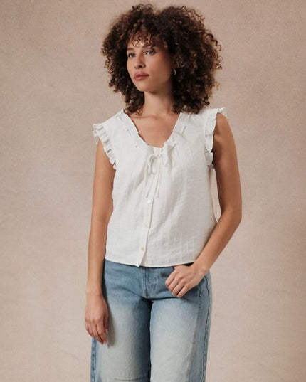 Sleeveless Ruffle Button Down Top