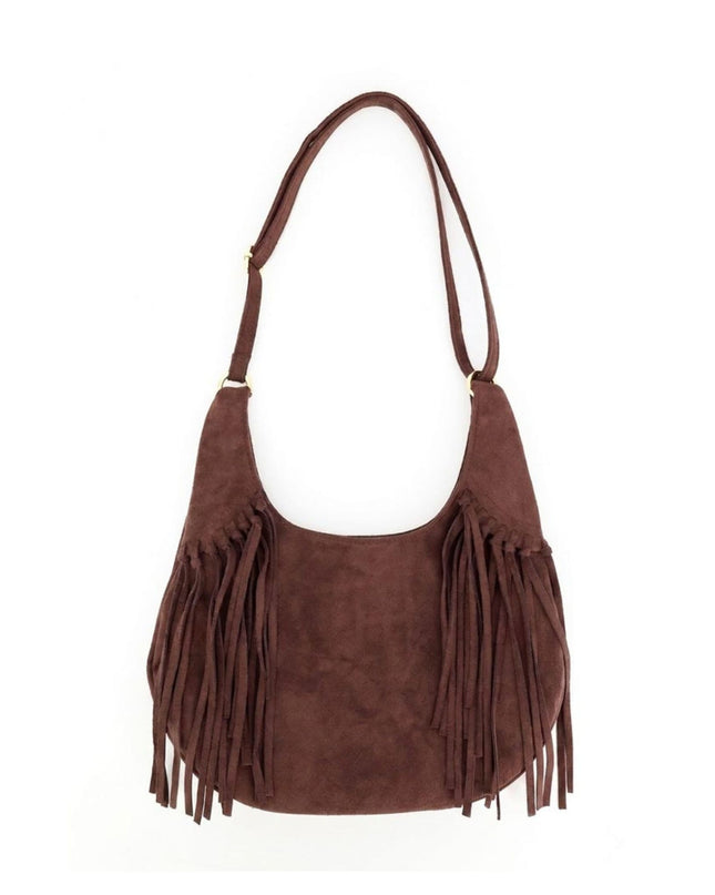 Western Faux Suede Fringe Shoulder Hobo Bag