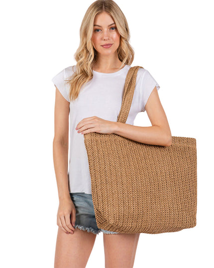 Solid Crochet Straw Tote Bag