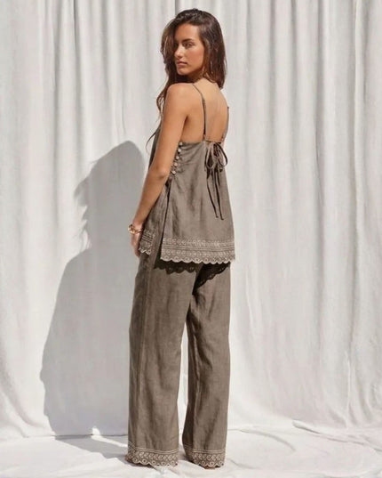 Embroidered Hem Elastic Waist Pants