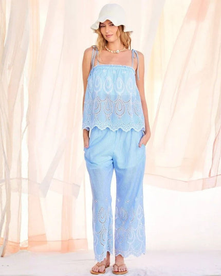 Eyelet Striped Elastic Waist Scallop Lace Hem Pants
