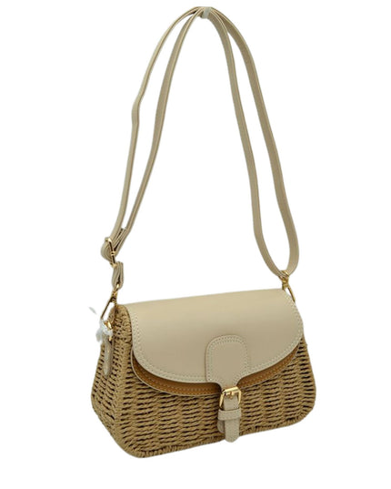 Belt Closure Leather & Structure Straw Crossbody Bag