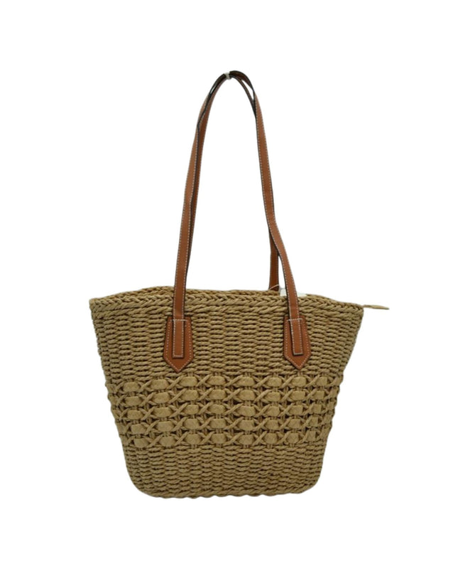 Contrast Straw Detail Vegan Leather Strap Straw Shoulder Bag