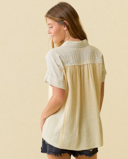 Contrast Stripe Detail Button Down Short Sleeve Top