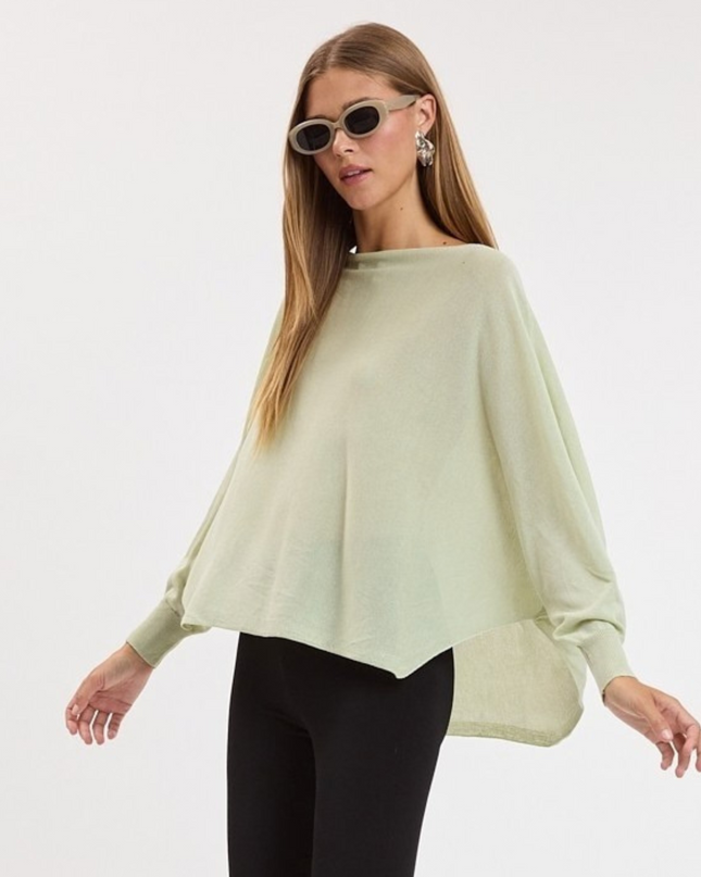 Boat Neck Long Sleeve Side Slits Poncho Knit Top