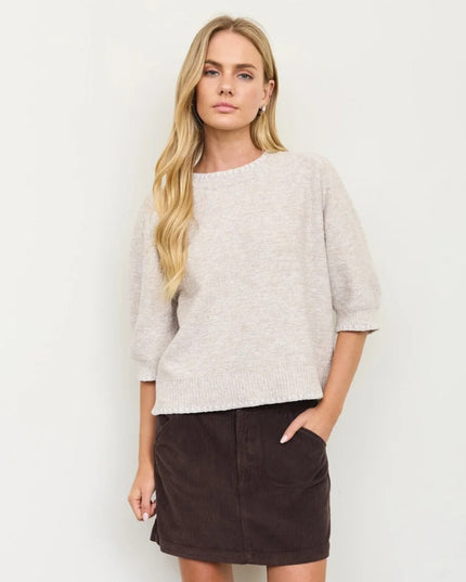 Heathered Contrast Trim Short Sleeve Sweater