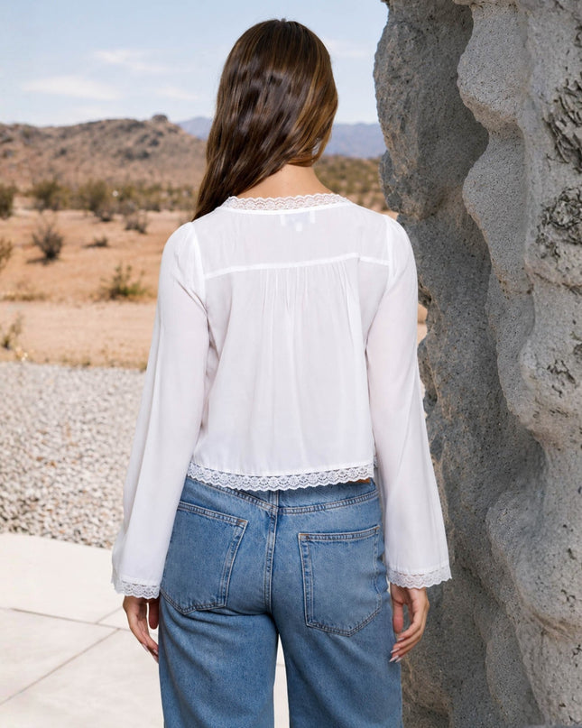 Pin Tuck Lace Trim Front Tie Long Sleeve Top