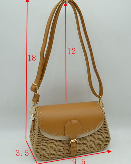 Belt Closure Leather & Structure Straw Crossbody Bag