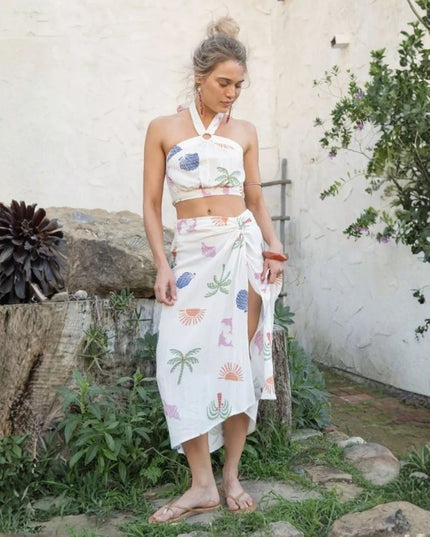 Side Slit Palm Tree Sun Shell Printed Smocked Back Midi Skirt