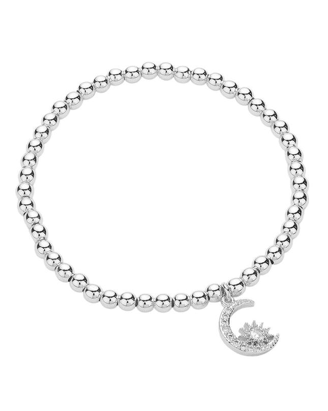 Paved Stone Crescent Moon Star Charm Metal Ball Bead Bracelet