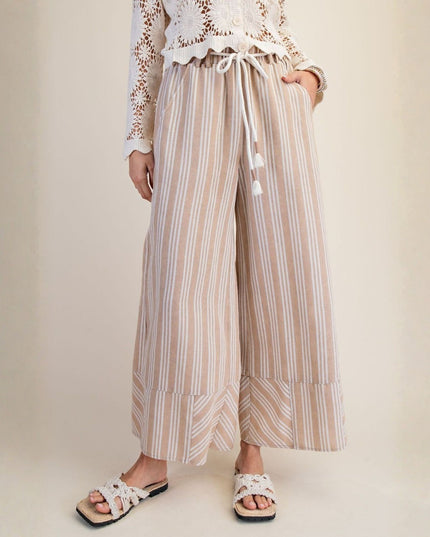 Vertical Stripe Wide Leg Elastic Waist Tassel Rope Belt Palazzo Pants