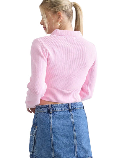 Collared Front Tie Cropped Cardigan Sweater