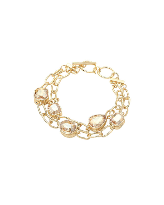 Shaped Bezel Crystals Double Gold Chain Link Toggle Bracelet