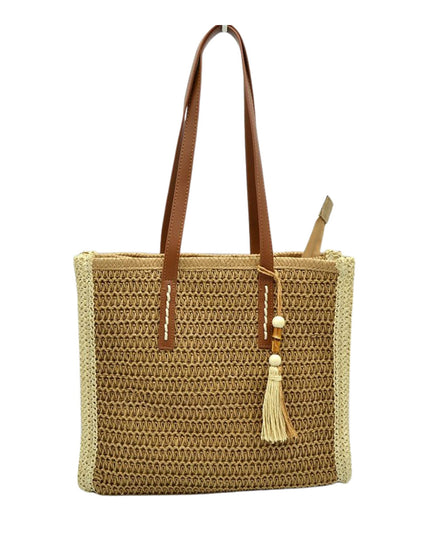 Beaded Tassel Straw Tote Bag