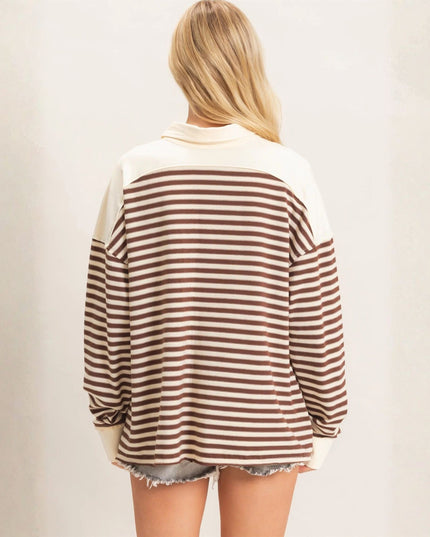 Striped Contrast Shoulders Collared Henley Sweatshirt