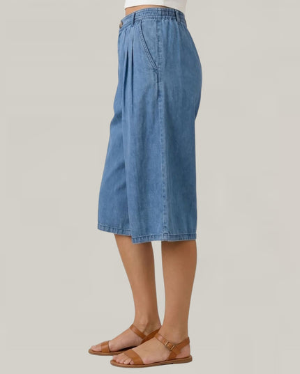 Chambray Pleated Knee Length Wide Leg Culotte Pants