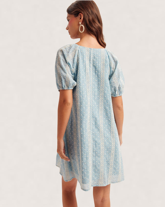 Square Neck Balloon Sleeve Embroidered Denim Babydoll Mini Dress