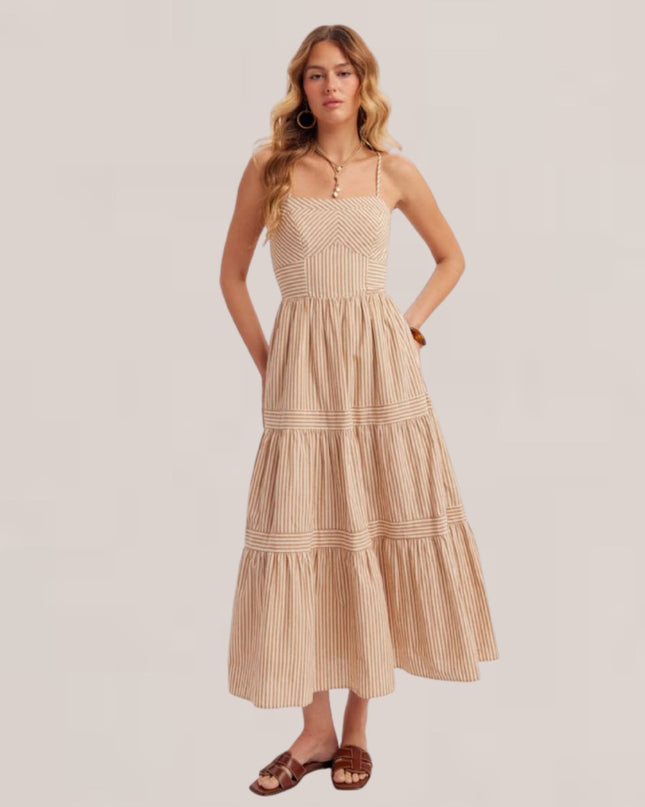 Sweetheart Neck Mixed Striped Smocked Back Spaghetti Strap Midi Dress