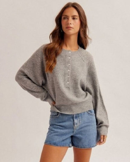 Lace Texture Sleeve Henley Sweater