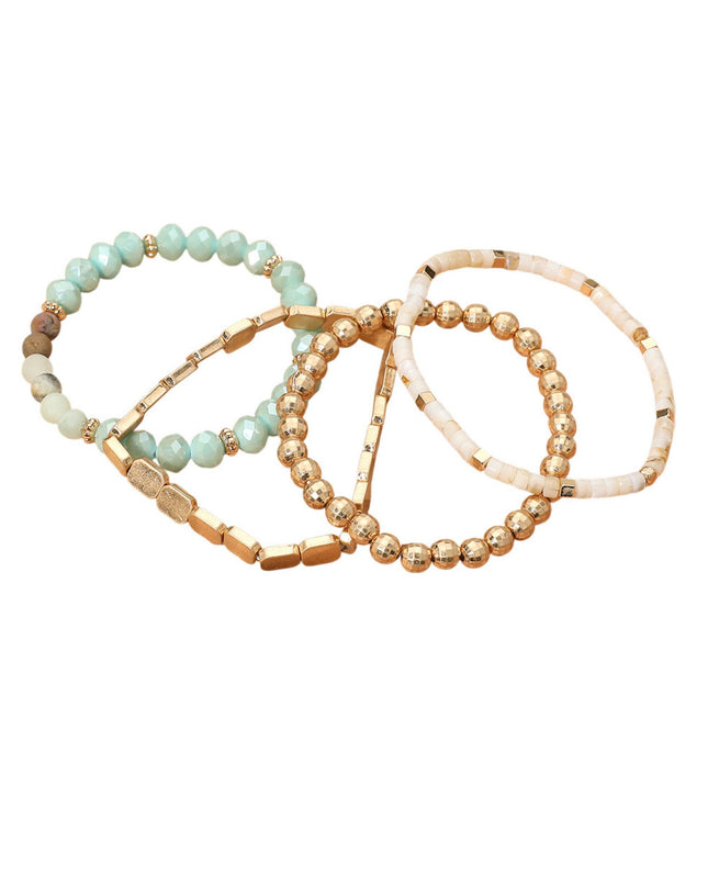 Metal Faceted Beaded Stretch Gold Layered Bracelets 4 Set