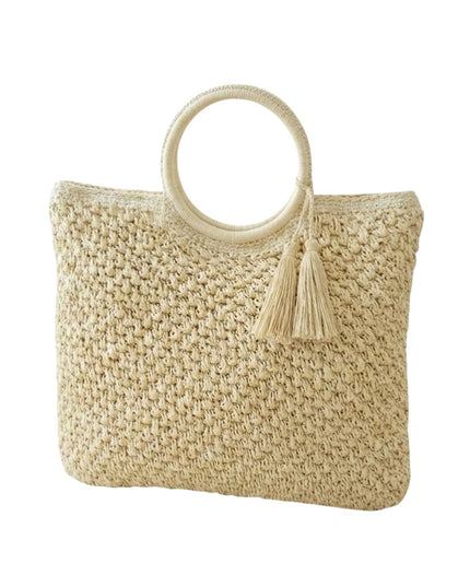 Round Handle Tassel Raffia Woven Tote Handbag