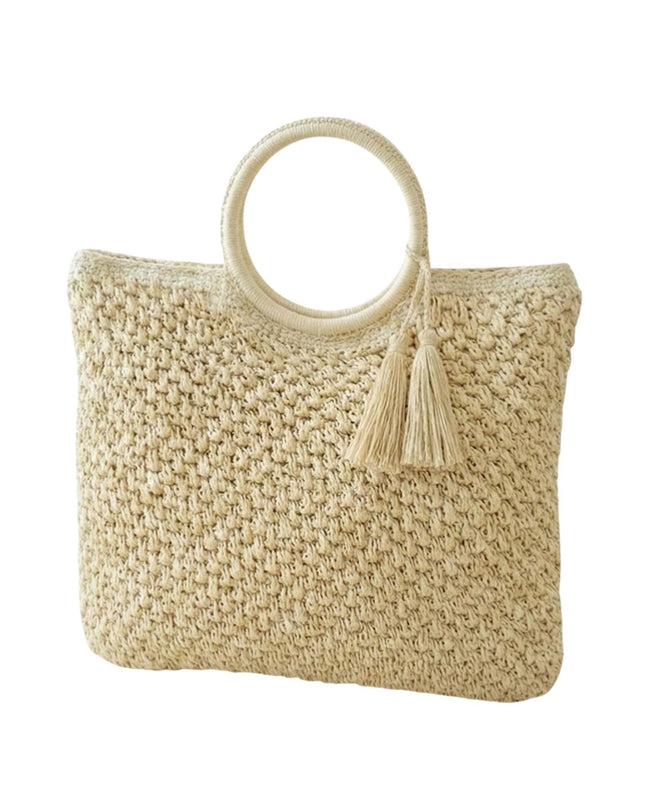 Round Handle Tassel Raffia Woven Tote Handbag